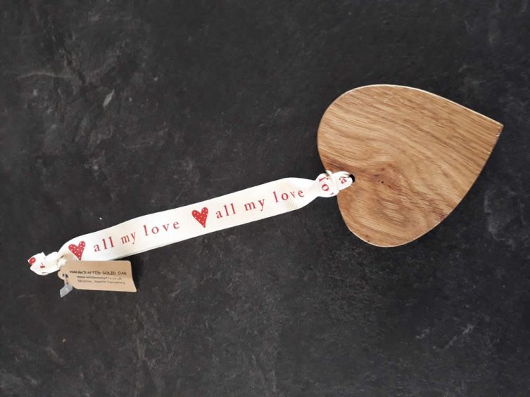 Solid Oak Heart On Premium Ribbon – All My Love