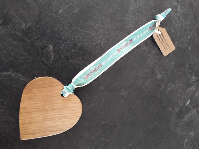 Solid Oak Heart On Premium Ribbon – Happy Birthday To You