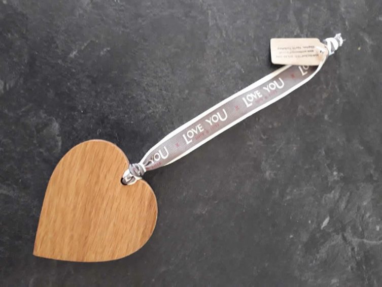 Solid Oak Heart On Premium Ribbon – Love You