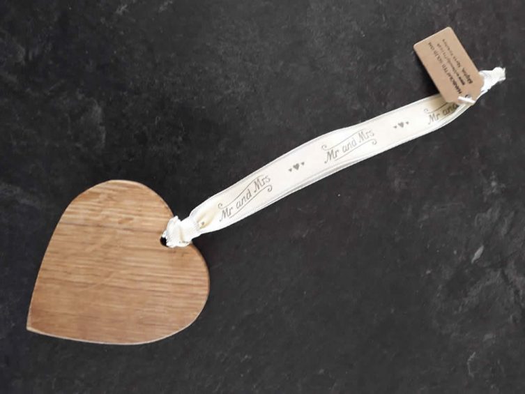 Solid Oak Heart On Premium Ribbon – Mr And Mrs