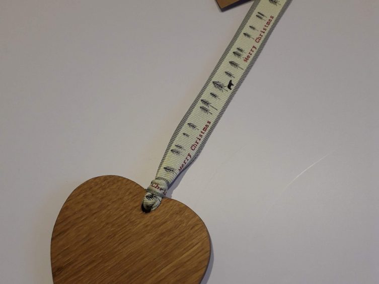 Solid Oak Heart On Premium Ribbon- Nordic White Merry Christmas