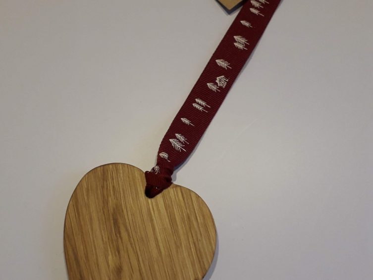 Solid Oak Heart On Premium Ribbon-Nordic Burgundy Merry Christmas