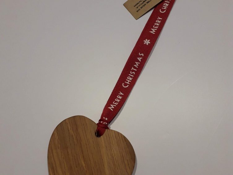 Solid Oak Heart On Premium Ribbon-MERRY CHRISTMAS