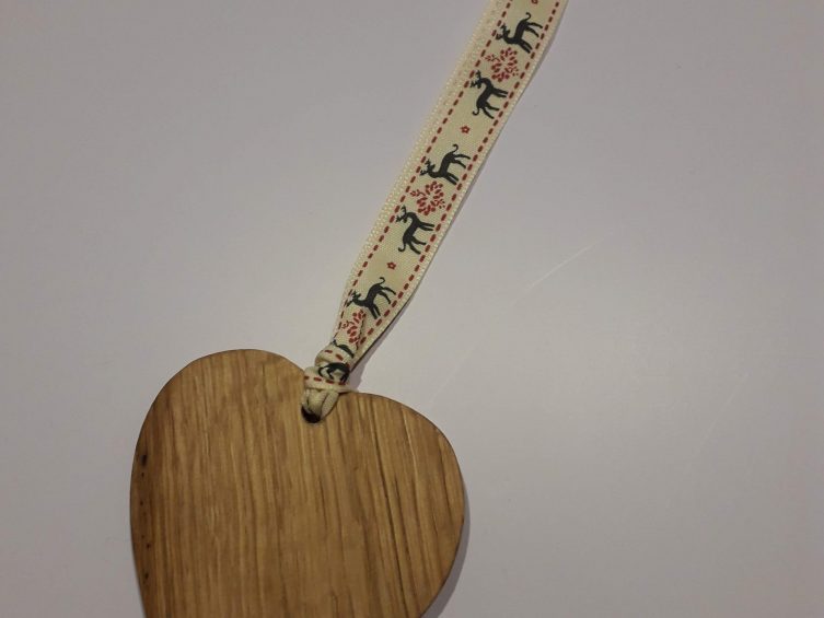 Solid Oak Heart On Premium Ribbon-Reindeer