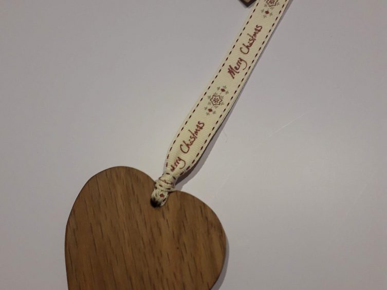 Solid Oak Heart On Premium Ribbon-Merry Christmas Cream