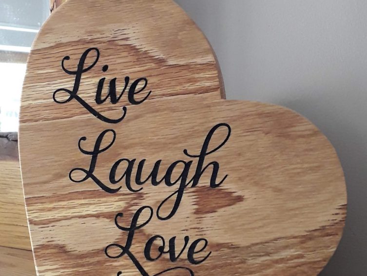 Engraved Solid Oak Heart –  Live Laugh Love